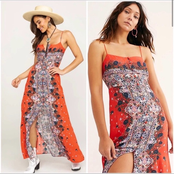 Free People XS Red Boho Maxi Dress Festival Floral Lace Detail - Picture 1 of 10